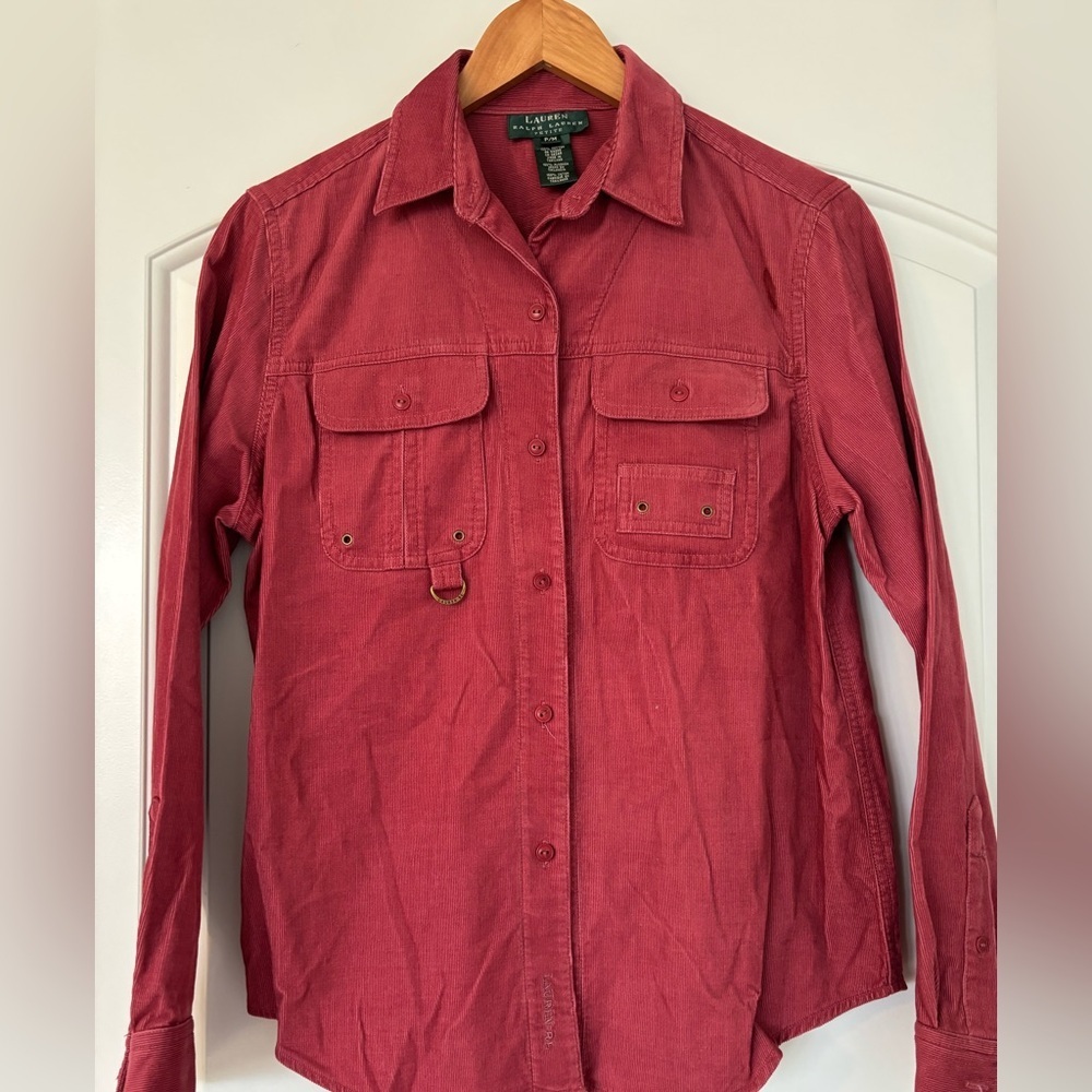 VTG Lauren Ralph Lauren “Dry Goods" utility corduroy Shirt petite M dark pink